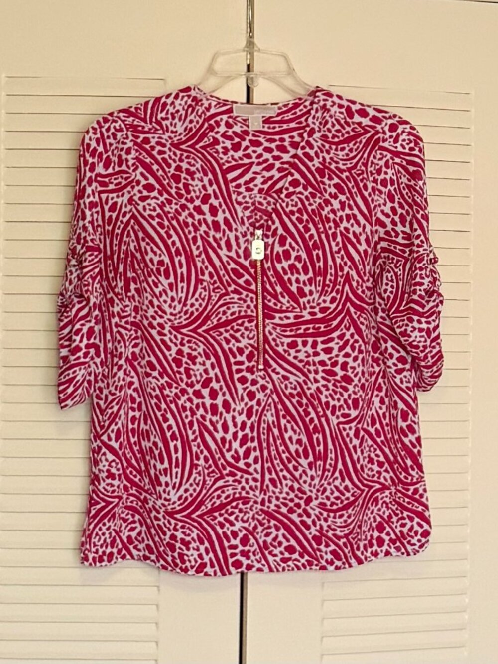 Michael Kors Fushia Red/White Animal-Print ¾ Length Sleeve Top